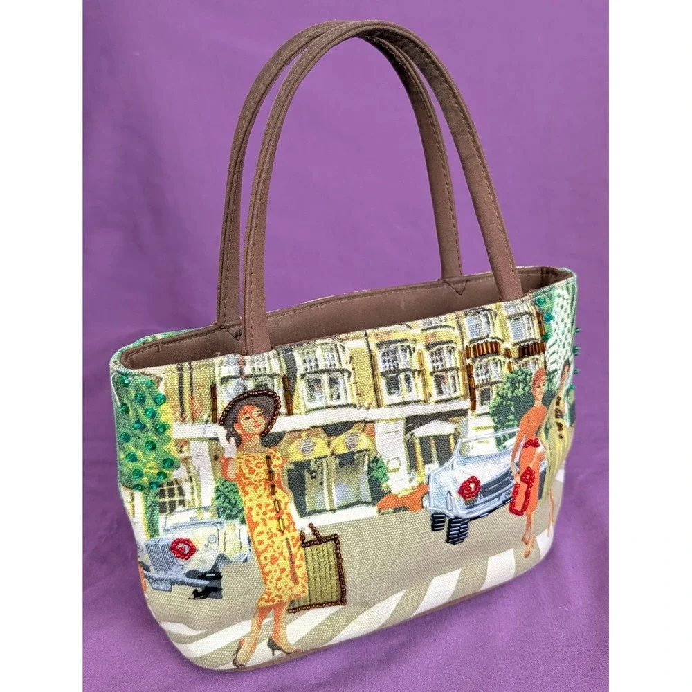 VTG Nostalgic Hand Bag Purse Beaded Italian Street Scene Retro